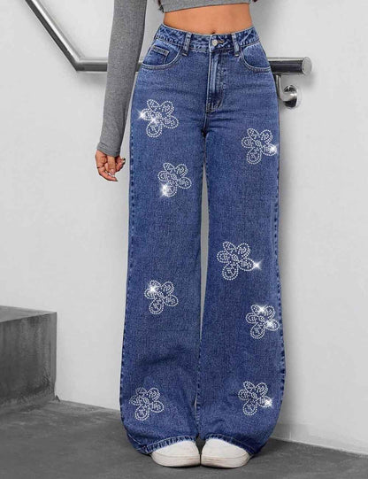 Sparking Rhinestone Flower Straight Leg Baggy Jeans