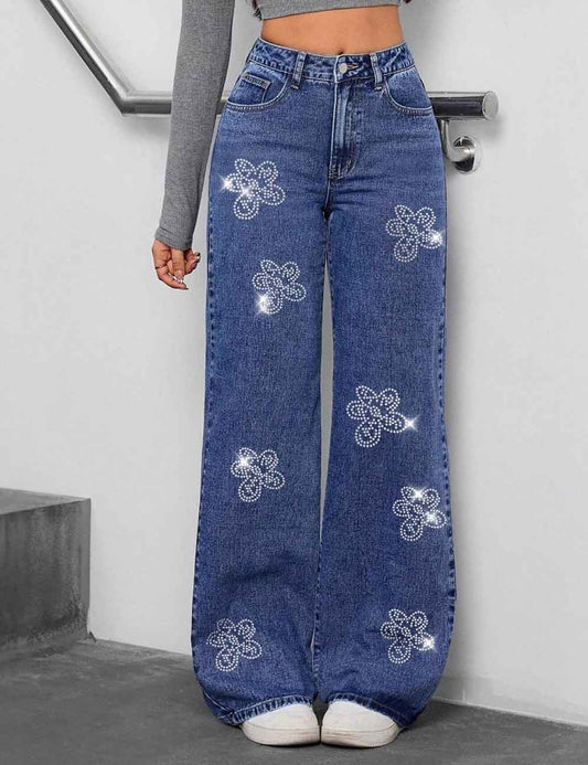 Sparking Rhinestone Flower Straight Leg Baggy Jeans
