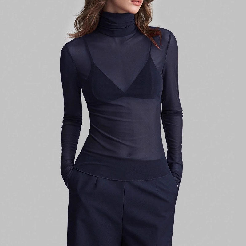Mesh High Neck Long Sleeve Sheer Blouse