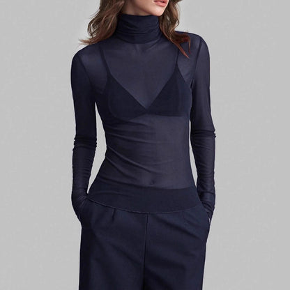 Mesh High Neck Long Sleeve Sheer Blouse