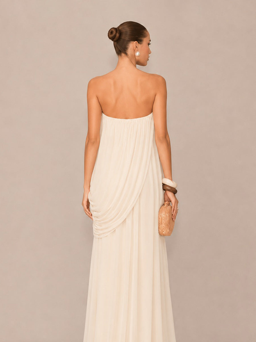 Leandra Ruched Tulle Strapless Maxi Dress