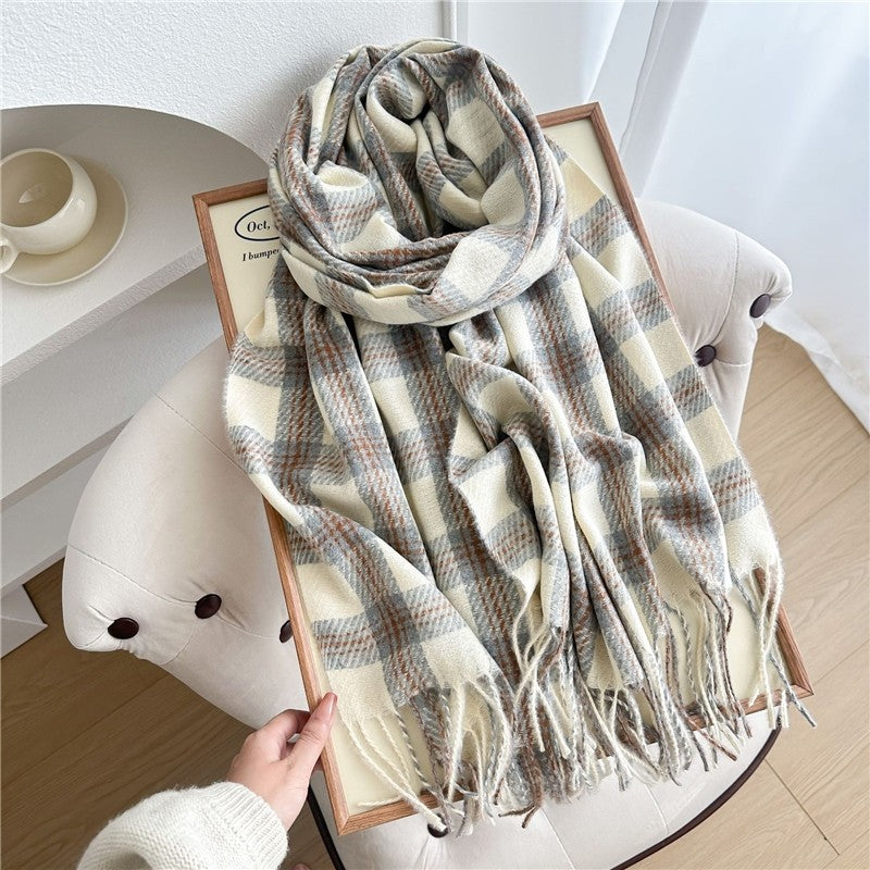 Color Block Plaid Fringe Scarf