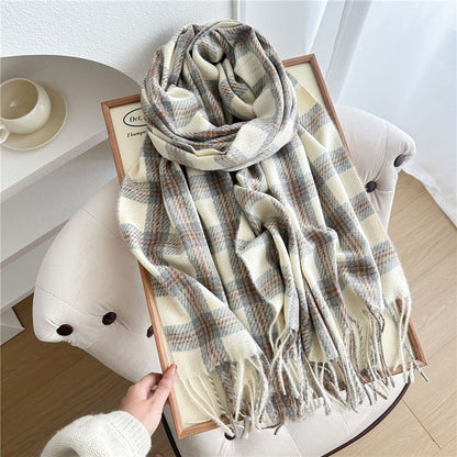 Color Block Plaid Fringe Scarf
