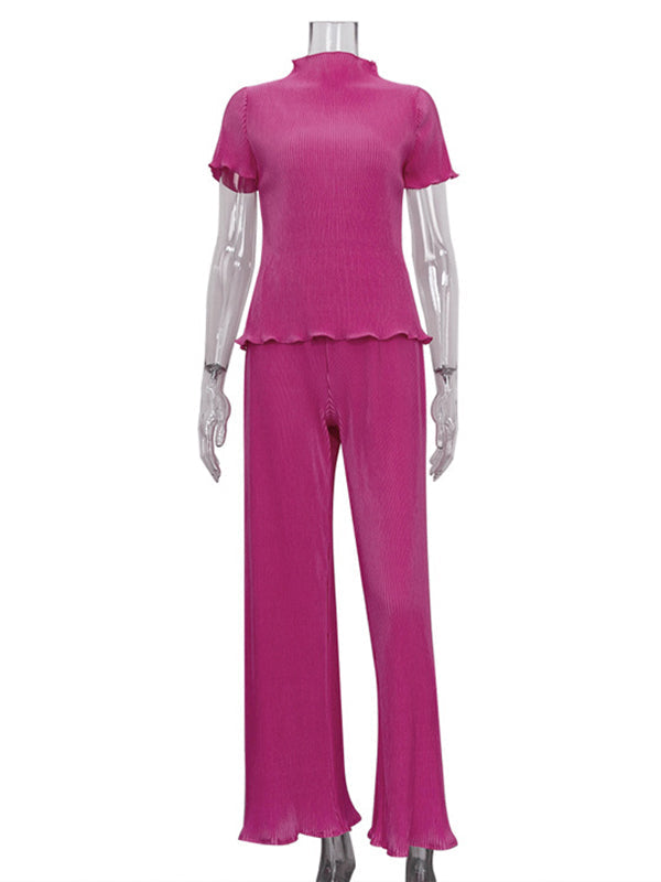 Simple Solid Color High-Neck T-Shirt Top&Wide Legs Pants 2 Pieces Set