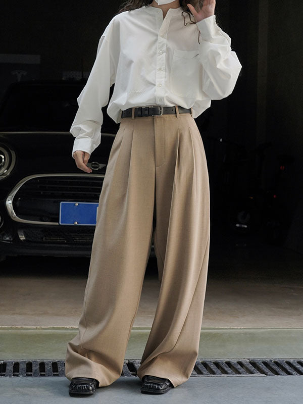 High Waisted Loose Pleated Solid Color Split-Joint Casual Pants Bottoms Trousers