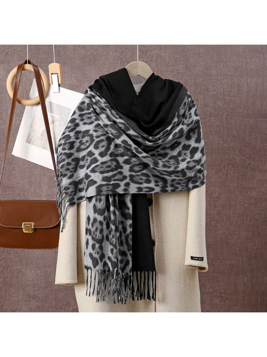 Sscarvii - Leopard Print Tassel Winter Scarf