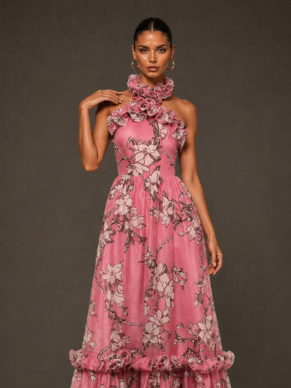 Autumn 3D Floral Halter-Neck Sleeveless Maxi Dress
