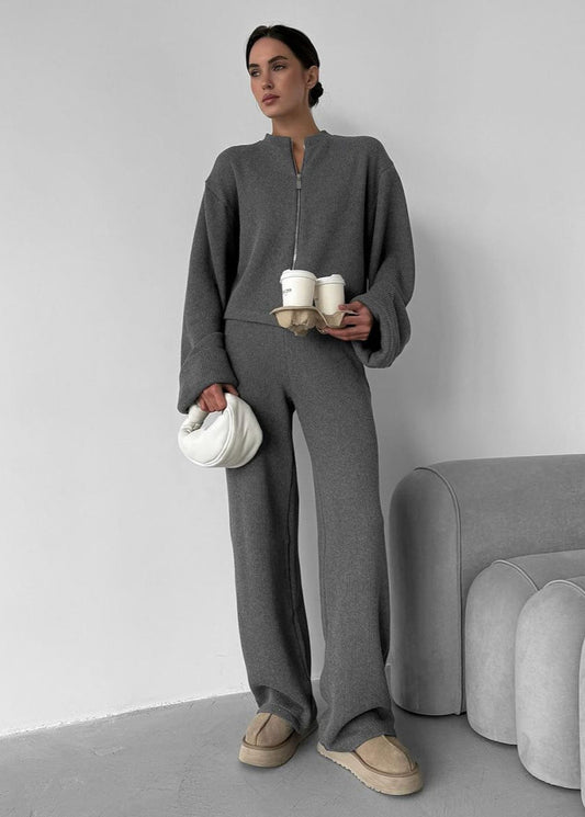 Knit Lounge Set Ribbed Blend Zip Jacket And Wide-Leg Pants