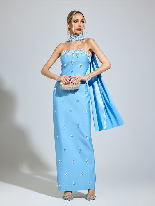 Saskia Strapless Rhinestone Satin Maxi Dress