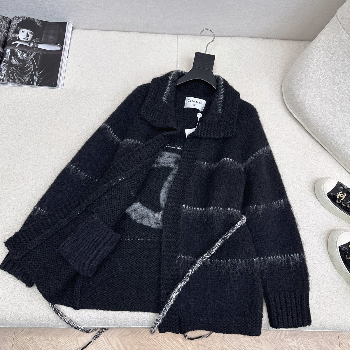 CC Mohair Wool Fluffy Black and White Belt Cardigan