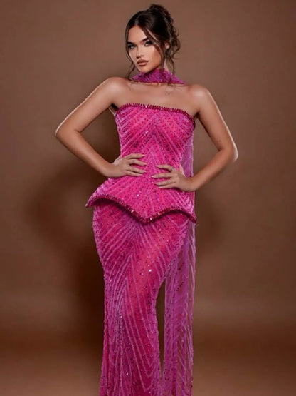Adela Strapless Rhinestone Maxi Dress In Pink