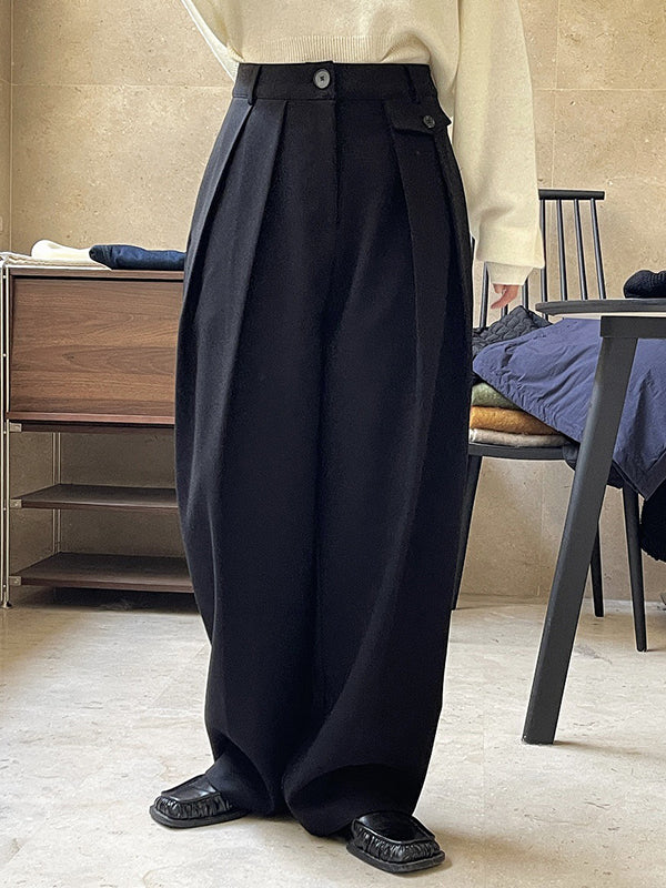 Loose Pleated Solid Color Casual Pants Bottoms