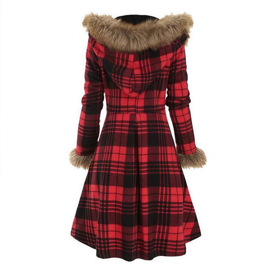 Slim Fit Plaid Hooded Faux Fur Collar Coat