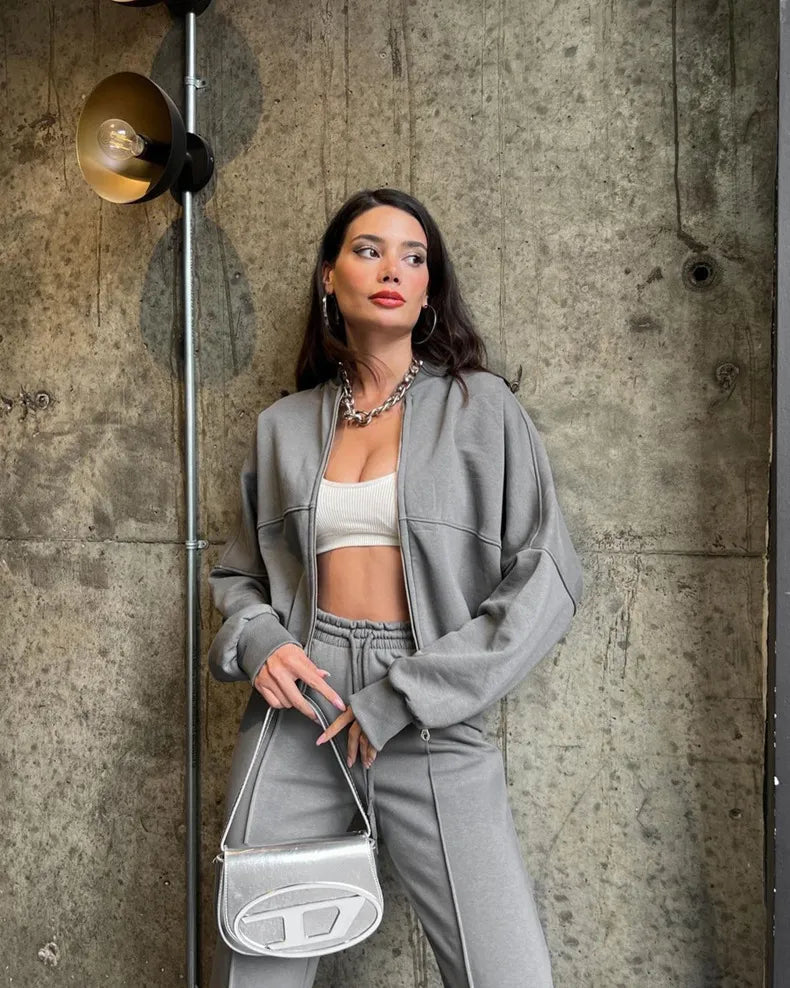 Zip Up Cardigan And Wide Leg Cotton Trousers Set
