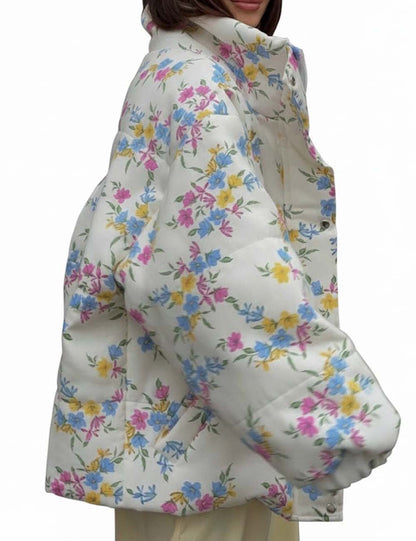 Floral Print Stand Collar Zipper Cotton Padded Jacket