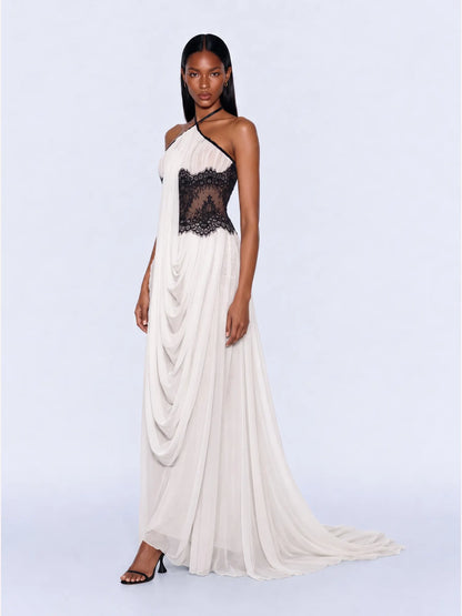 Luna Lace-Panel Chiffon Maxi Dress