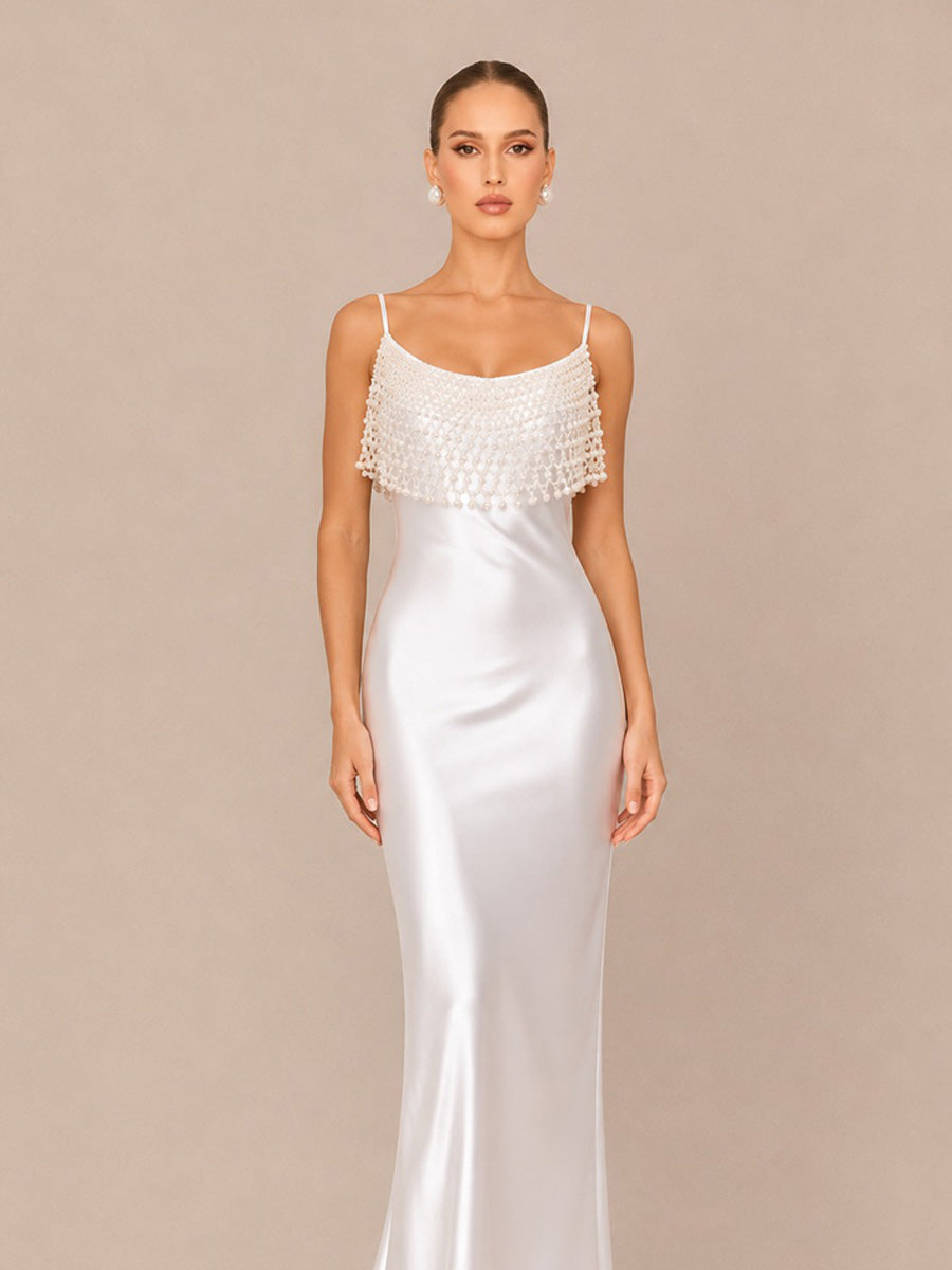 Nala Elegant Pearl Satin Maxi Dress