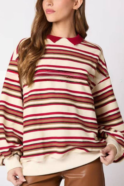 Striped Lapel Long-sleeved Top Loose Casual Sweatshirt