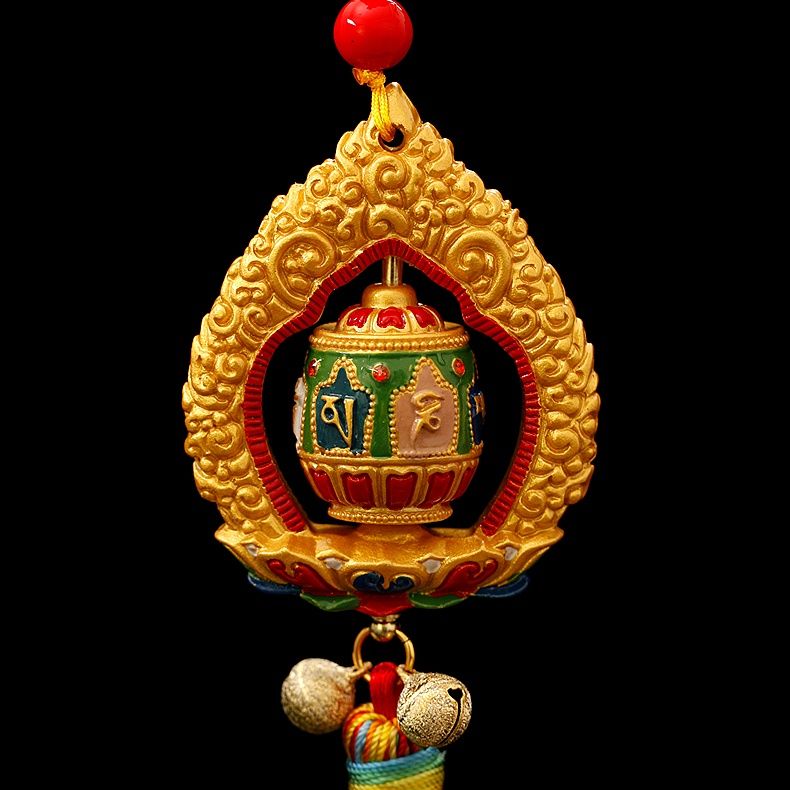 Tibetan Ping'An  Hung With Tantric Ten Phases Free Spinning Drum, Vajra Pestle Car Pendant Room Decor Pendant