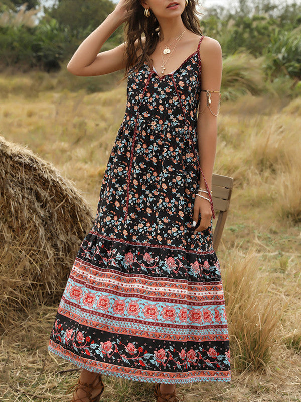 Bohemian Wind Printing Loose V-Neck Stitching Large Suspender Dress Women'S Clothing
