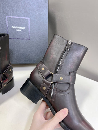 SL HARNESS BOOTS BLACK AND GARNET CALFSKIN