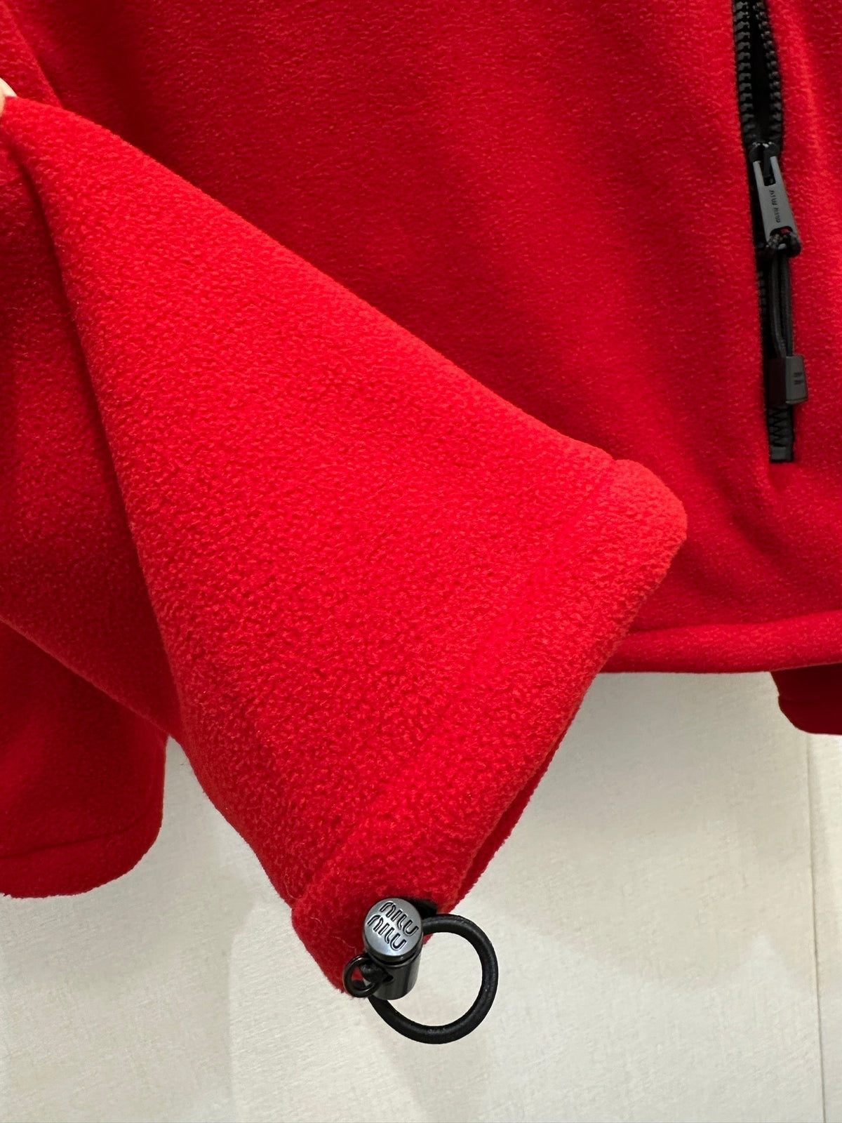 Miu Embroidered Fleece Hooded Zip-Up Jacket Red Cashmere 346102
