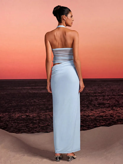 Arielle Halterneck Flower Maxi Dress In Sky