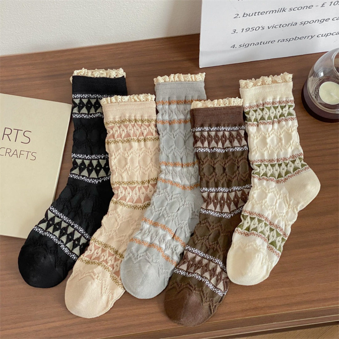 Rufia - Diamond Pattern Pleated Mid-Calf Socks