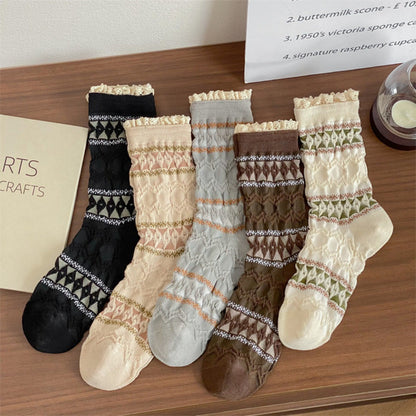 Rufia - Diamond Pattern Pleated Mid-Calf Socks