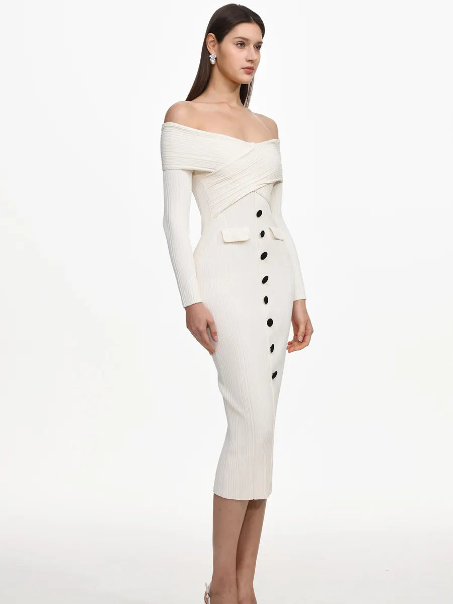 Grace Elegant Contour Off Shoulder Buttoned Knit Maxi Dress