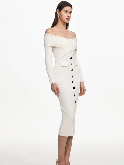 Grace Elegant Contour Off Shoulder Buttoned Knit Maxi Dress