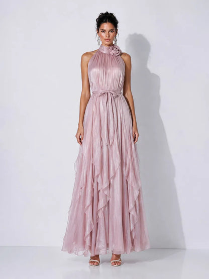 Elena 3D Floral Halter-Neck Pleated Maxi Dress