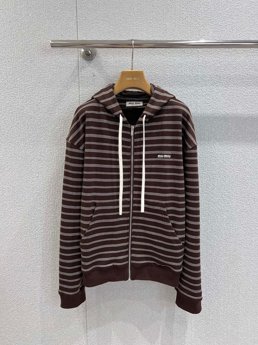 Miumiu 25FW Striped Zipper Hooded Sweatshirt Jacket Brown Cotton