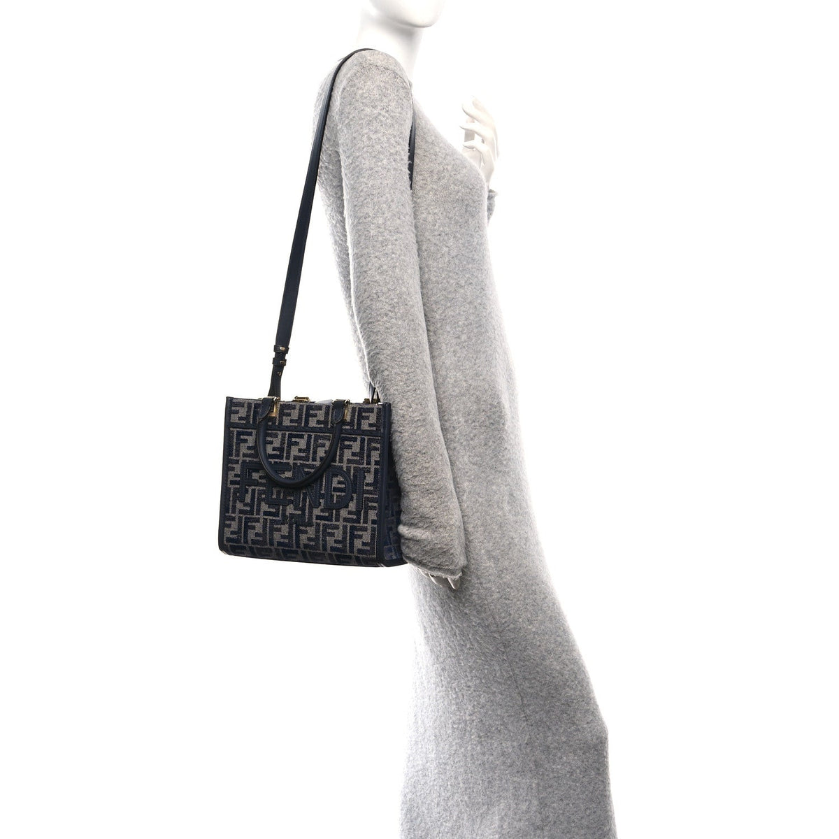 Fabric Jacquard FF 1974 Logo Small Fendi Sunshine Shopper Tote Blue Grigio