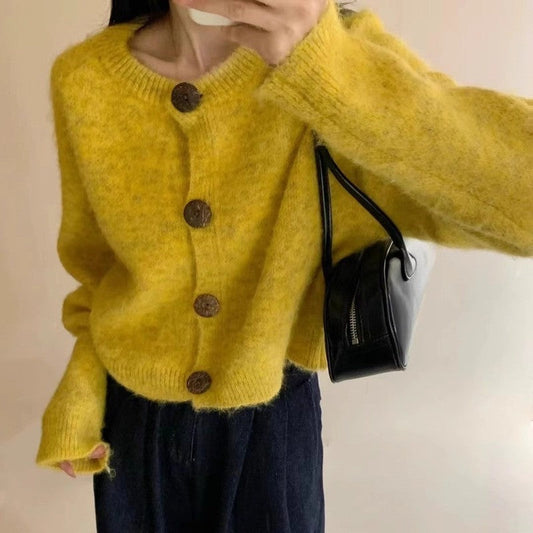 Solid Color Loose Short Round Neck Cardigan Sweater