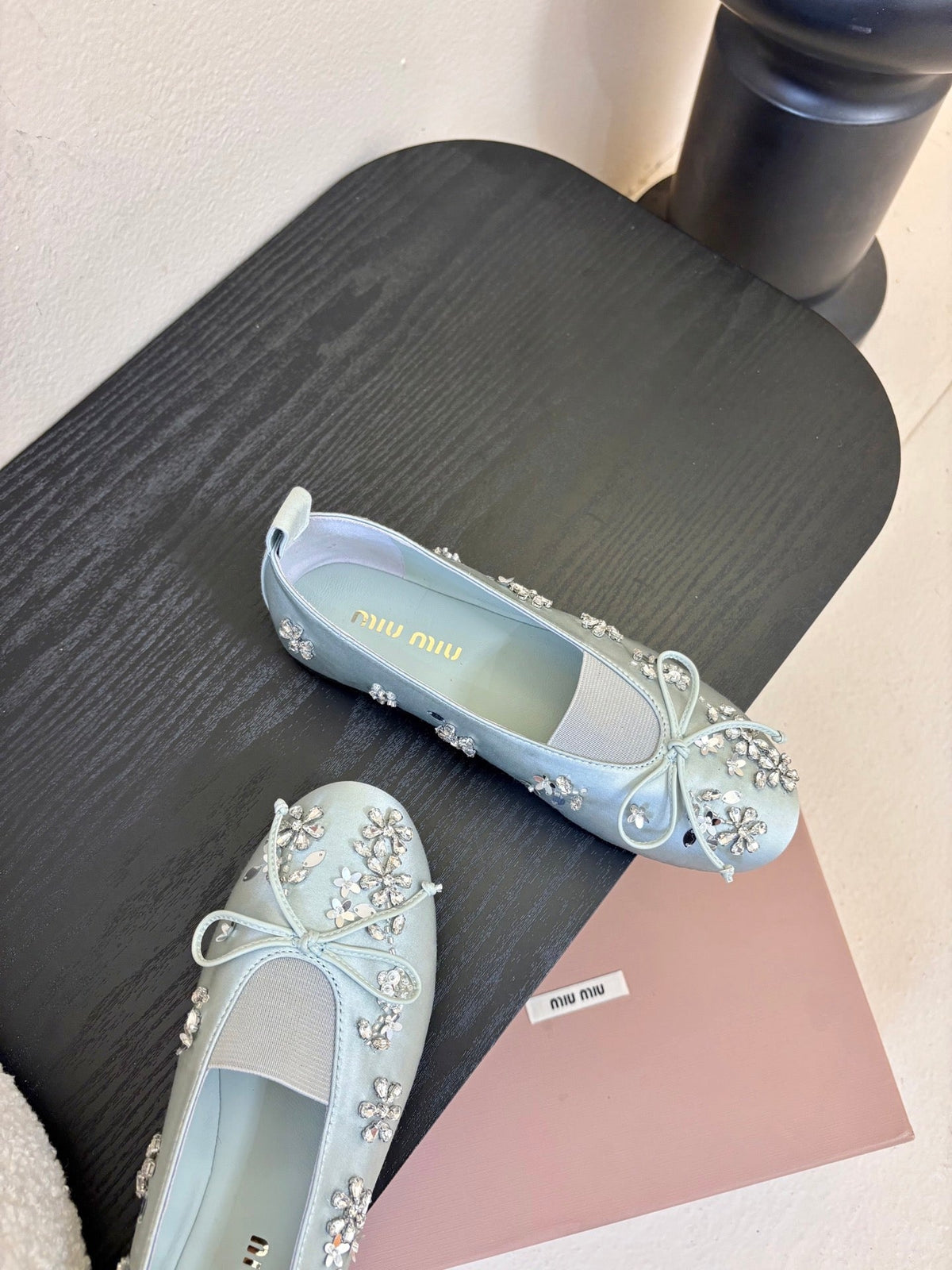 Miu Ballet Flat With Floral Crystal Light Sky Blue Silk
