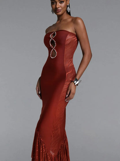 Isla Strapless Rhinestone Cutout Ruffle Midi Dress