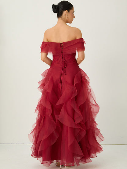 Penelope Off Shoulder Tiered Ruffle Organza Maxi Dress