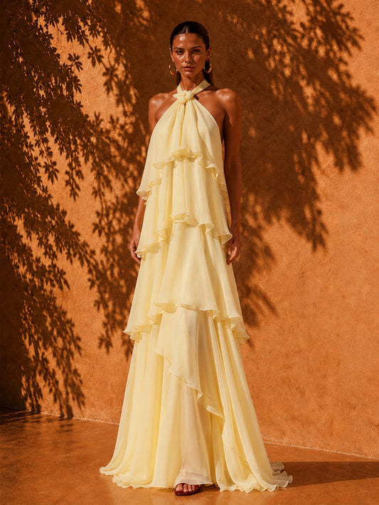 Luna Layered-Detail Backless Asymmetrical Maxi Dress