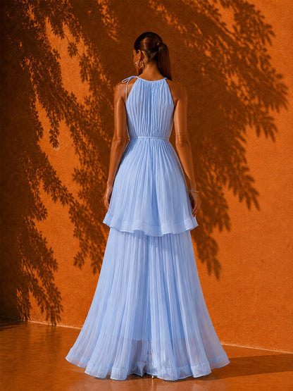 Ivy Pleated Sleeveless Maxi Beach Dress In Blue