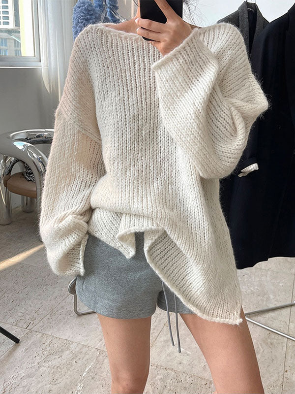 Casual Loose Long Sleeves Split-Side Solid Color High-Neck Sweater Tops