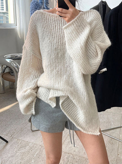 Casual Loose Long Sleeves Split-Side Solid Color High-Neck Sweater Tops
