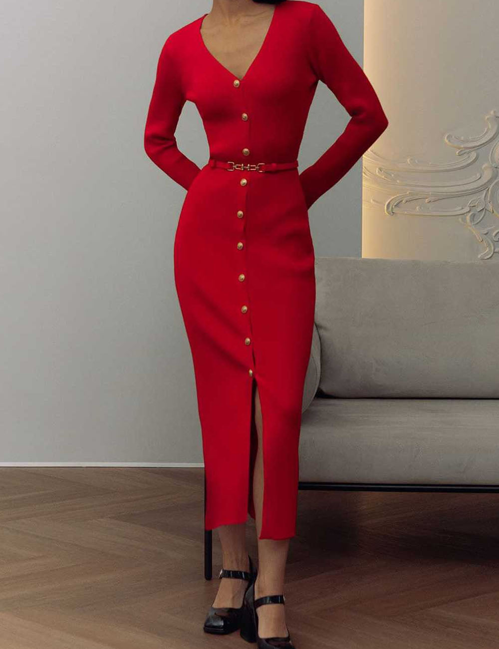Fall Long Sleeve V-Neck Button Knit Dress