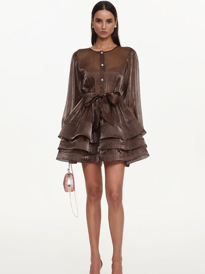 Esme Flowy Long Sleeve Ruffle Polka Dot Woven Mini Dress