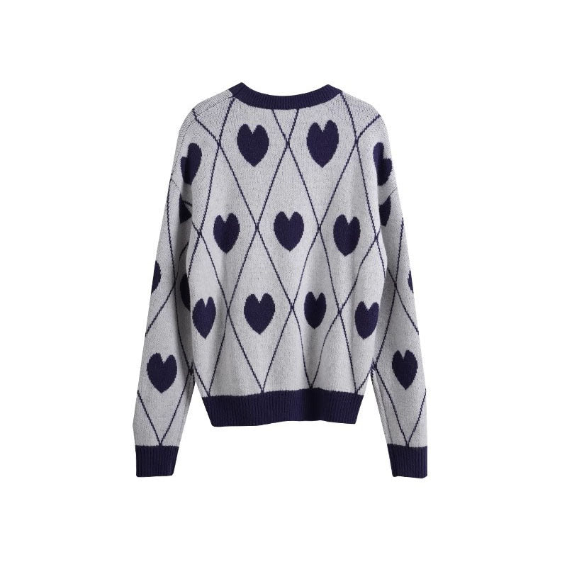 Sweet Heart Jacquard Crew Neck Knit Sweater