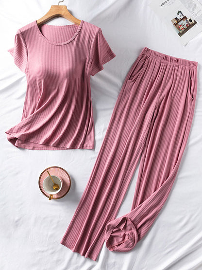 Solid Color Short Sleeve T-Shirts&Pants Pajamas Sets