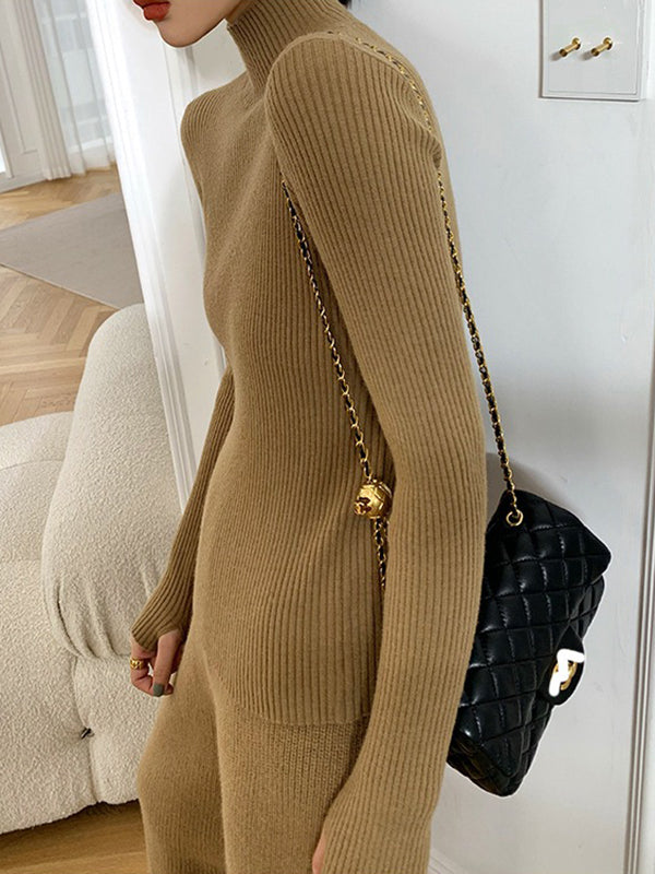 Wide Leg Belted Pockets Solid Color High-Neck Cardigan&Sweater Tops&Pants Suits