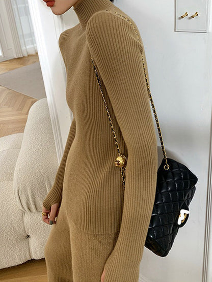 Wide Leg Belted Pockets Solid Color High-Neck Cardigan&Sweater Tops&Pants Suits