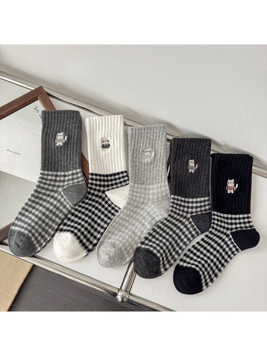Rufia - Cute Cat Embroidery Plaid Socks for Women
