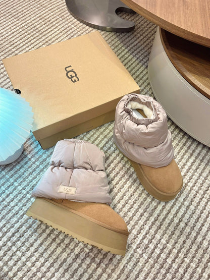 UGG Classic Mini Dipper Puffer Boots Light Brown Suede Technical Fabric